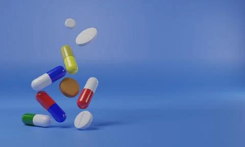 Group of medicine dropping or floating, healthcare medical concept, 3D render Stock Illustration