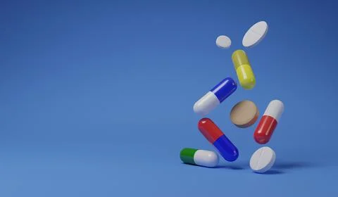 Group of medicine dropping or floating, healthcare medical concept, 3D render Stock Illustration