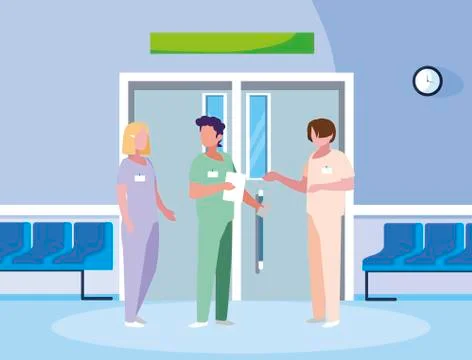 Group medicine workers in elevator door Stock Illustration