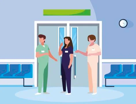 Group medicine workers in elevator door Illustrazione stock