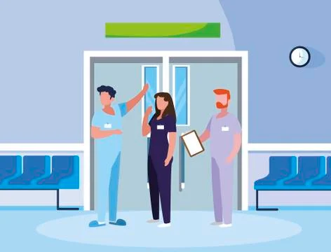 Group medicine workers in elevator door Illustrazione stock