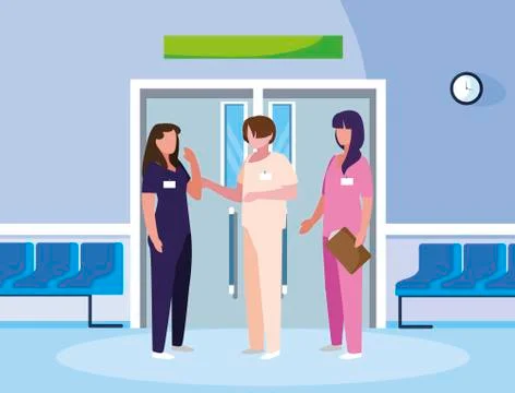 Group medicine workers in elevator door イラスト素材