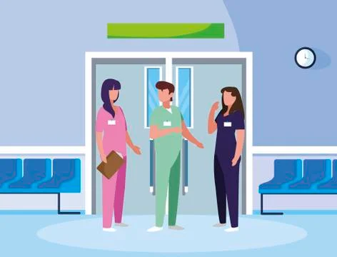 Group medicine workers in elevator door Stock Illustration