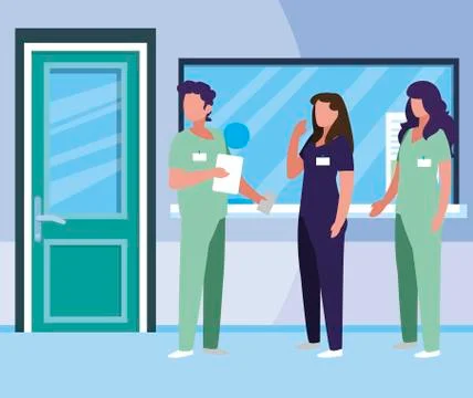 Group medicine workers in hospital reception Stock Illustration