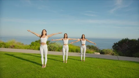 Group meditation session at park with view on an ocean Stock Footage 129997929