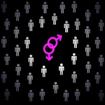 Group of men and two pink male signs, black background Stock Illustration