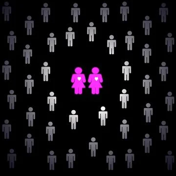 Group of men and two pink female gays, black background Stock Illustration