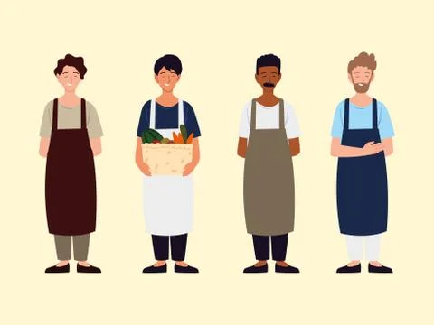 Group men apron characters with apron and basket Illustrazione stock