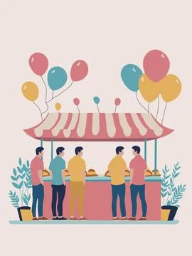 A group of men are standing outside a food stand with balloons in the background Stock Illustration
