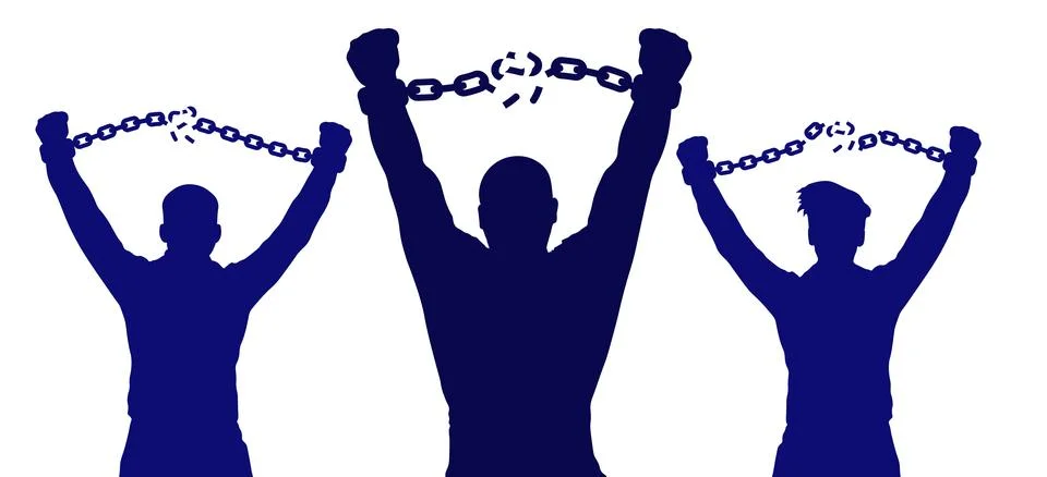 Group of men breaking chains in handcuffs,  male hands and broken handcuffs.. Stock Illustration