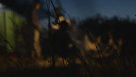 Group of men camping in the wild and gather near the bonfire and talk with each 動画素材 338322262