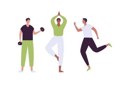 Group of men do exercise. Dumbbell weight lift, yoga asana, runner male person Stock Illustration