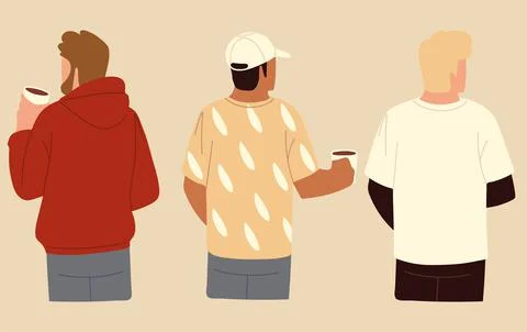 Group of men drinking coffee in cups, back view Stock Illustration