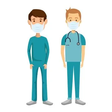 Group men paramedics using face mask isolated icons Illustrazione stock