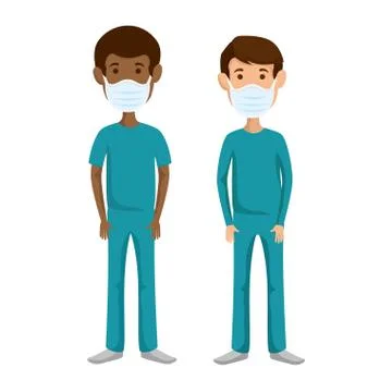 Group men paramedics using face mask isolated icons Illustrazione stock