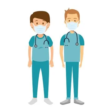 Group men paramedics using face mask isolated icons Illustrazione stock