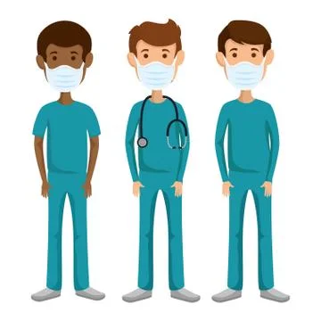 Group men paramedics using face mask isolated icons Illustrazione stock