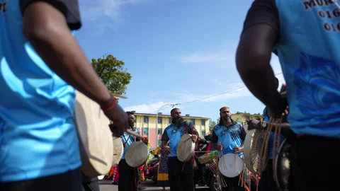 Group Of Men Playing Drums Celebrating Thaipusam Festival In Penang, Malaysia Stock Footage 234036822