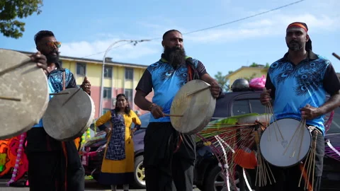 Group Of Men Playing Drums Celebrating Thaipusam Festival In Penang, Malaysia Stock Footage 234037076