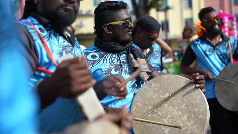 Group Of Men Playing Drums Celebrating Thaipusam Festival In Penang, Malaysia Stock Footage 234037231