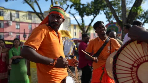 Group Of Men Playing Drums Celebrating Thaipusam Festival In Penang, Malaysia Stock Footage 234038156