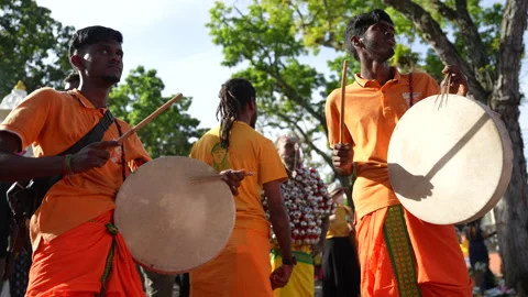 Group Of Men Playing Drums Celebrating Thaipusam Festival In Penang, Malaysia Stock Footage 234038736
