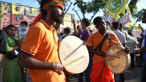 Group Of Men Playing Drums Celebrating Thaipusam Festival In Penang, Malaysia Stock Footage 234039705