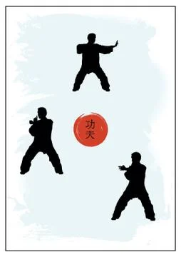 A group of men showing Kung Fu and a hieroglyph on a red background. Stock Illustration