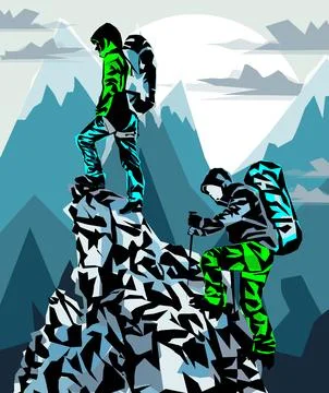 A group of men on the top of the mountain looks at the beautiful landscape of Stock Illustration