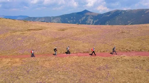 Group of men trekking on the mountain in the line Video stock 89026332
