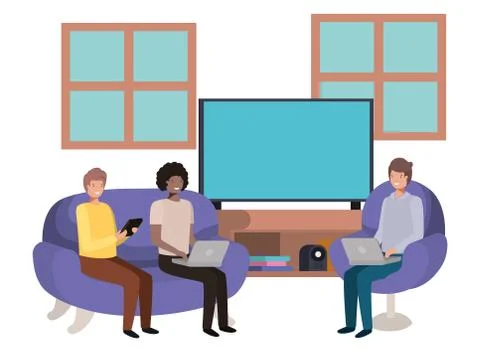 Group of men using technology in the livingroom Stockillustratie