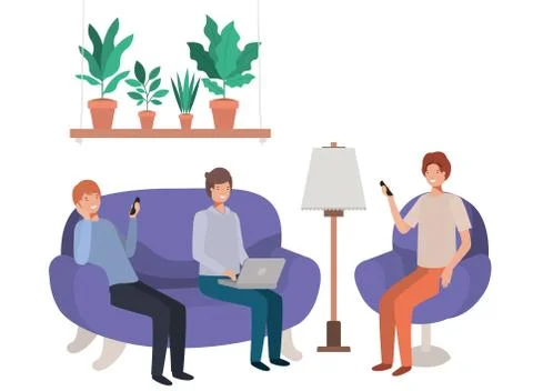 Group of men using technology in the livingroom Illustrazione stock