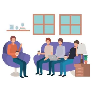 Group of men using technology in the livingroom 스톡 일러스트