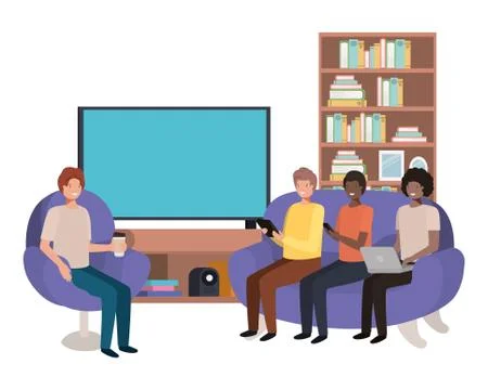 Group of men using technology in the livingroom Illustrazione stock