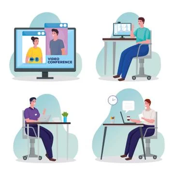 Group of men using technology for meeting online in workplace 库存插图