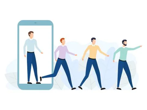 Group of men walking out of big phone Illustrazione stock