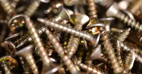 Group of metal self tapping screws for construction work, beautiful new metal Stock Footage 301685403