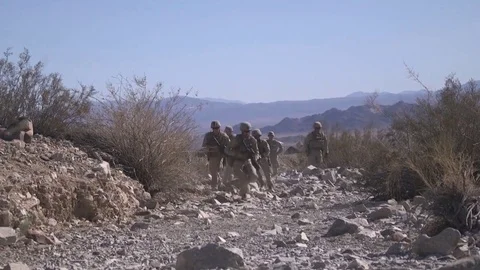 Group of military. Run along the path with stones and take up positions Stock Footage 120833371