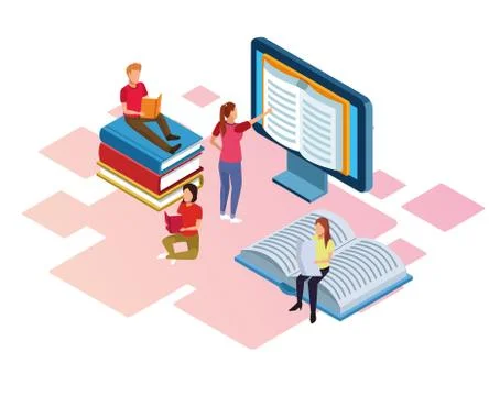 Group of mini people reading electronics books Stock Illustration
