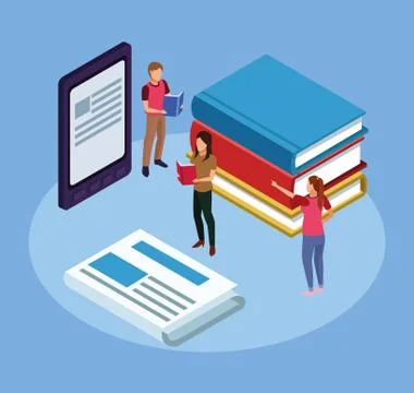Group of mini people reading electronics books in tablet Stock Illustration