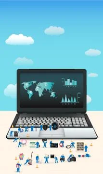Group of mini worker building a laptop Stock Illustration