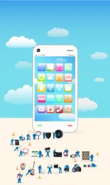 Group of mini worker building a smartphone Stock Illustration