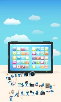 Group of mini worker building a tablet Stock Illustration