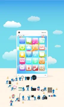 Group of mini worker building a tablet 스톡 일러스트