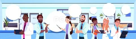 Group Of Mix Race Doctors Standing Over Modern Hospital Or Clinic Interior Stock Illustration