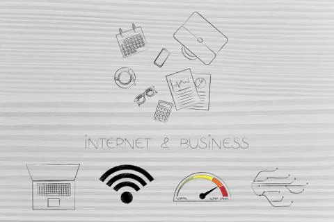 Group of mixed office objects and web themed icons below Stock Illustration