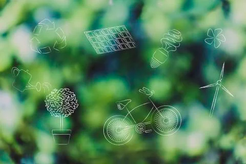 Group of mixed renewable energy and sustainable development-related objects Stock Illustration