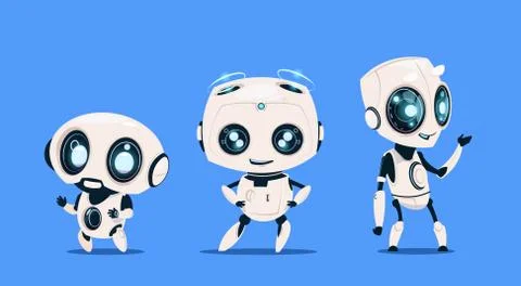 Group Of Modern Robots Isolated On Blue Background Cute Cartoon Character Stockillustratie