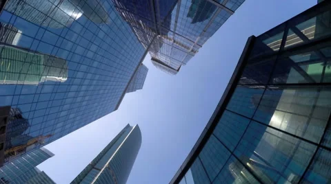 Group of modern skyscrapers in buisness city, Slow rotating timelapse Stock Footage