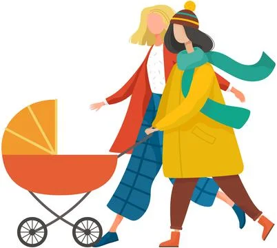 Group of moms communicate and ride babies in prams. Walk of young mothers with Stock Illustration